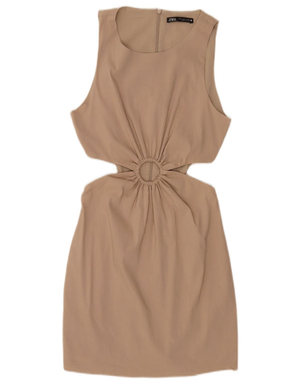 Zara Dame Ærmeløs Bodycon Kjole UK 8 Small Beige Bomuld