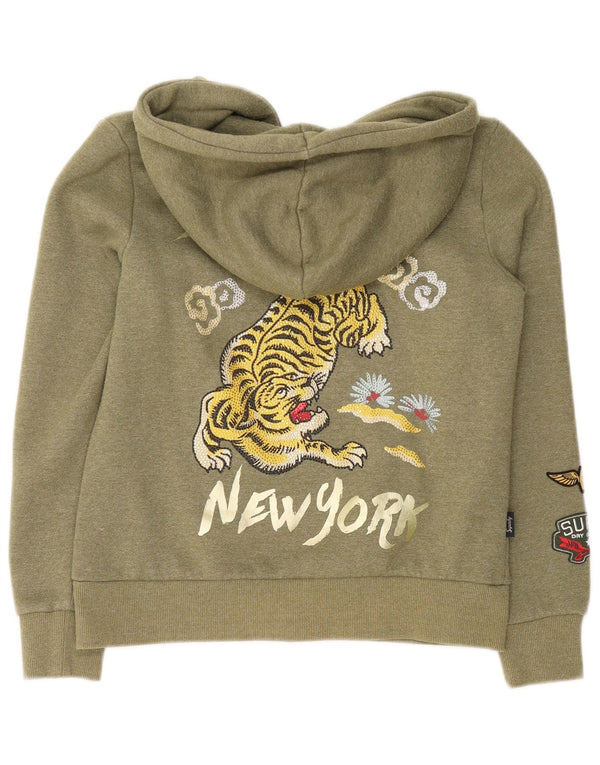 Superdry Sweater med grafisk lynlås til kvinder UK 10 Small Khaki Cotton