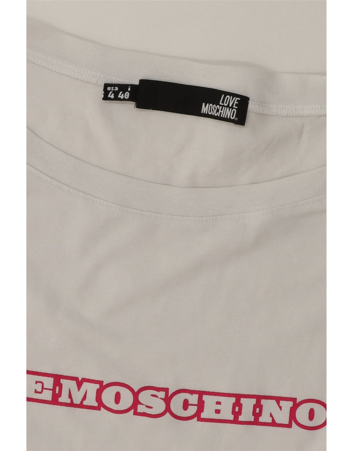 MOSCHINO Womens Graphic T-Shirt Top UK 8 Small White Vintage Moschino and Second-Hand Moschino from Messina Hembry 