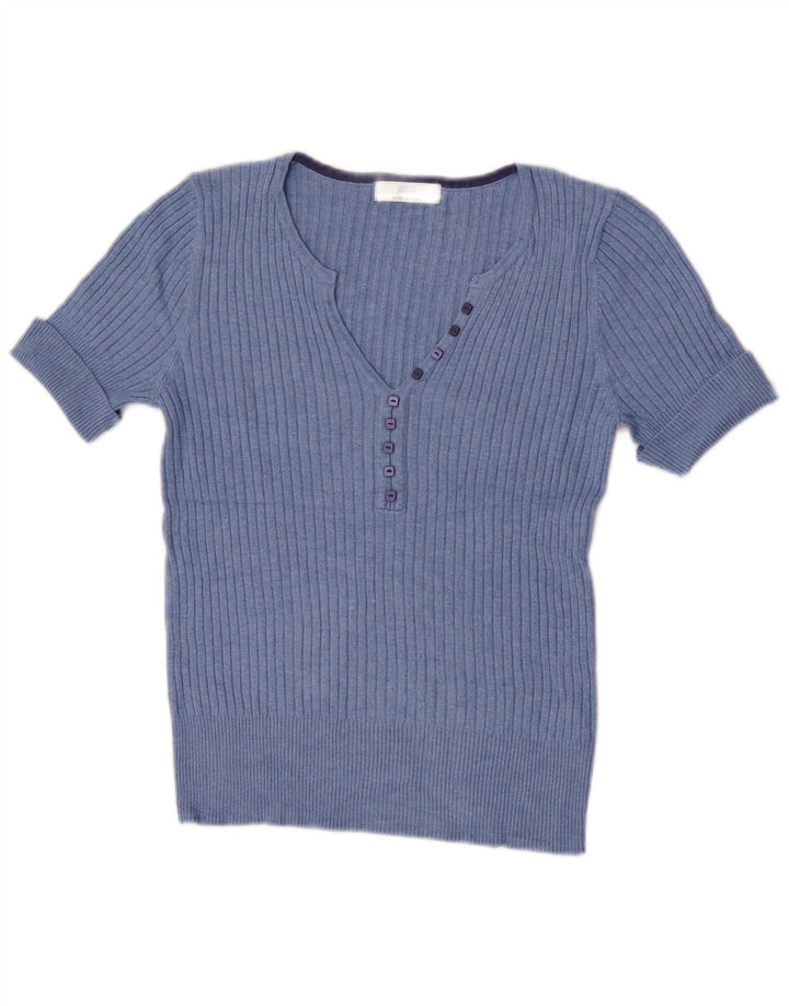 Marks & Spencer Dame Kortærmet V-hals Jumper Sweater UK 12 Medium Blue