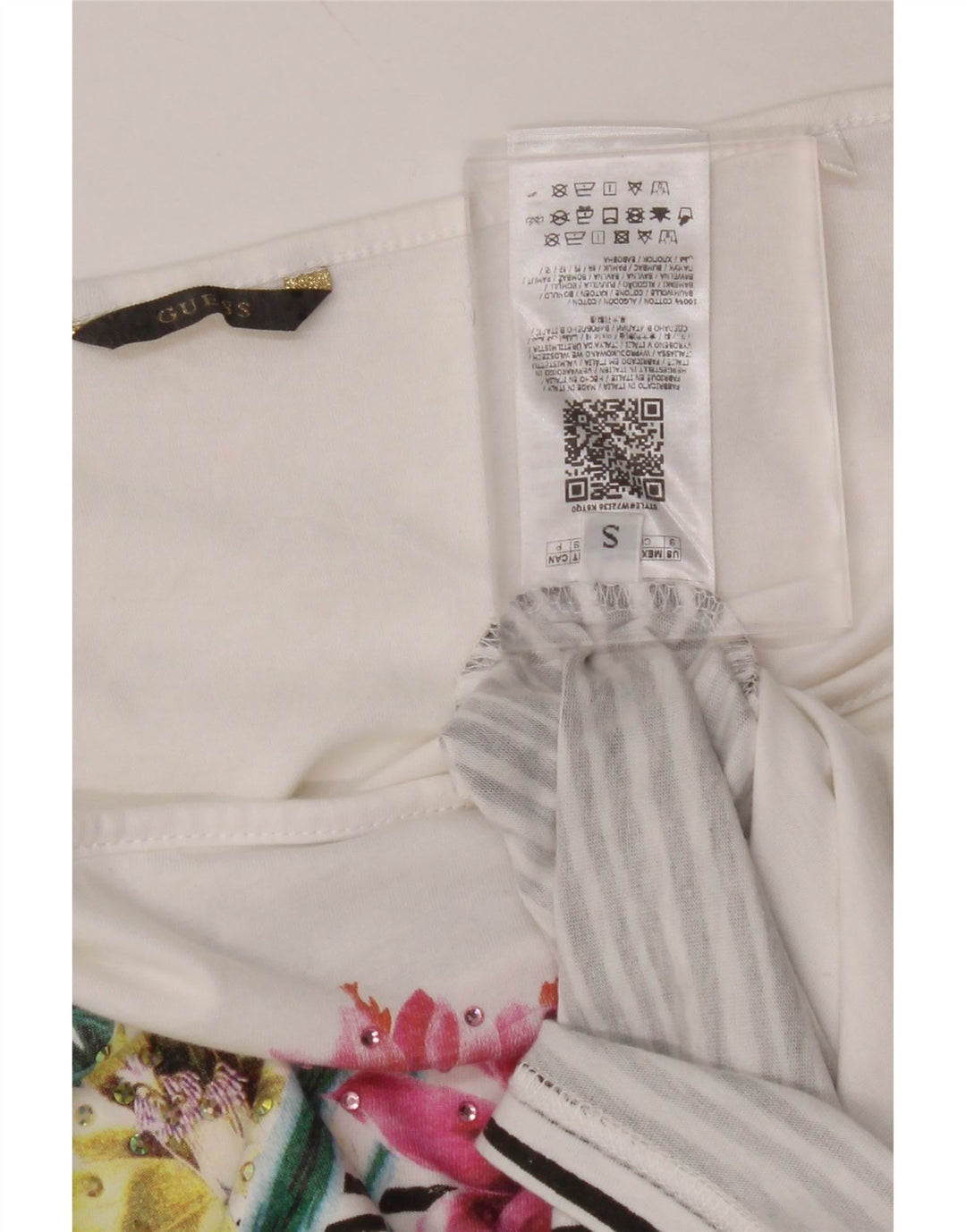 GUESS Womens Crop Off Shoulder T-Shirt Top UK 10 Small White Floral Bomuld