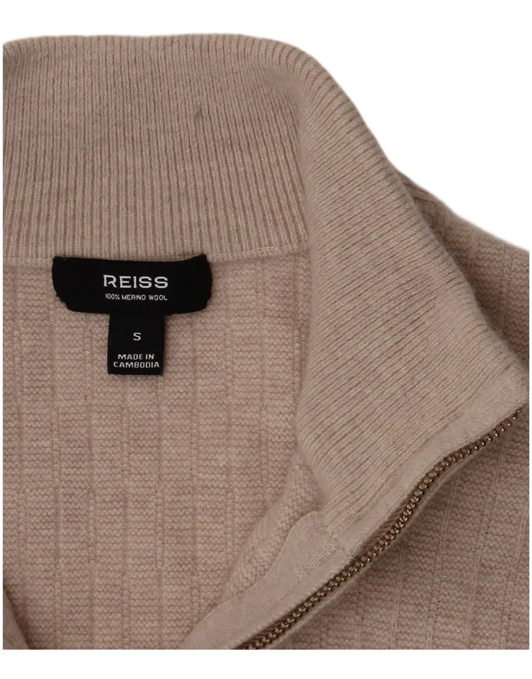 Reiss Herre Zip Neck Jumper Sweater Small Beige Merino Uld