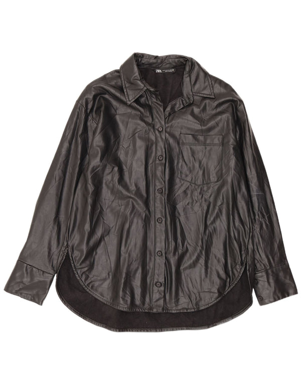 Zara Dame Oversized Faux Leather Shirt UK 4 XS Sort