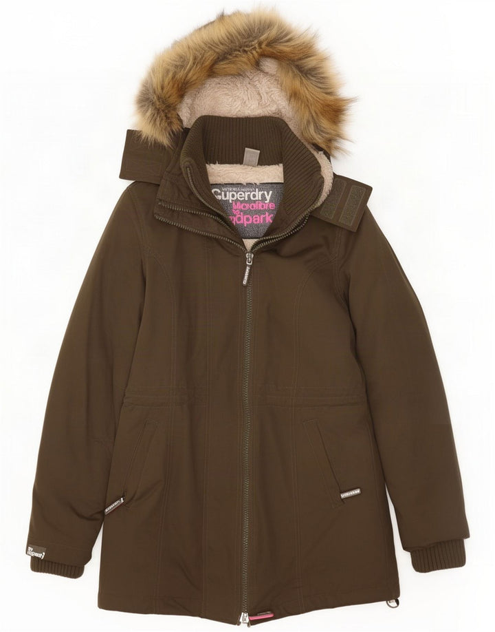 Superdry Dame Hooded Parka Jacket UK 14 Medium Khaki Polyester