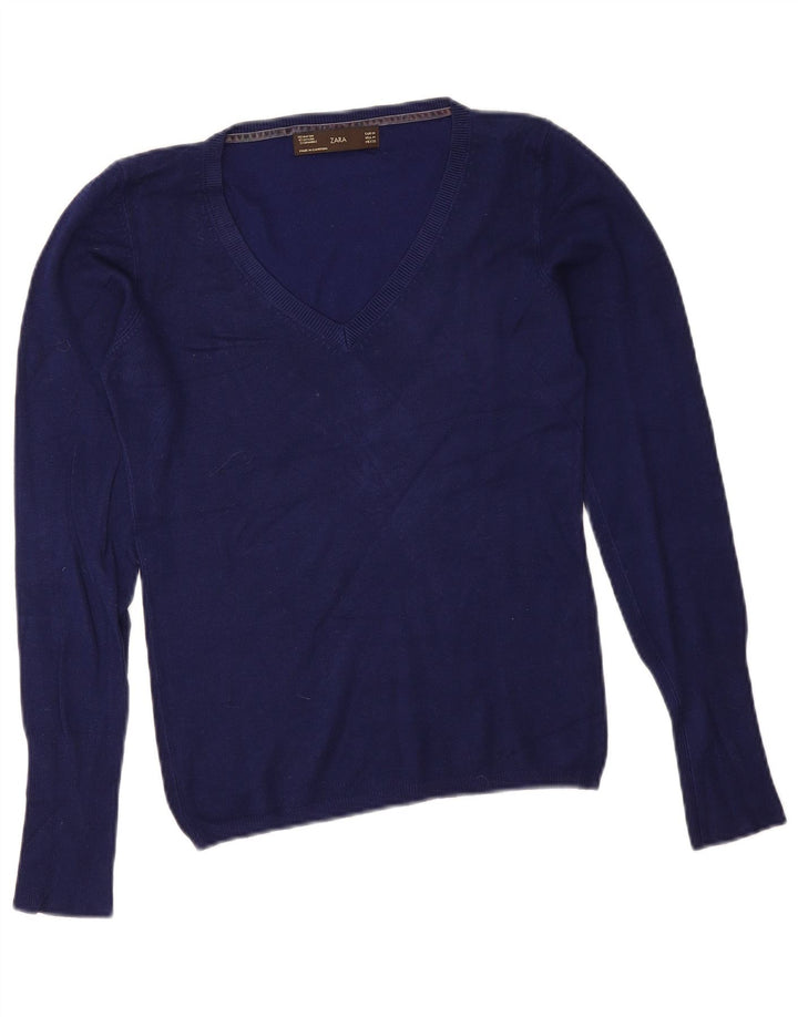 Zara Dame V-hals sweater UK 12 Medium Navy Blue Rayon