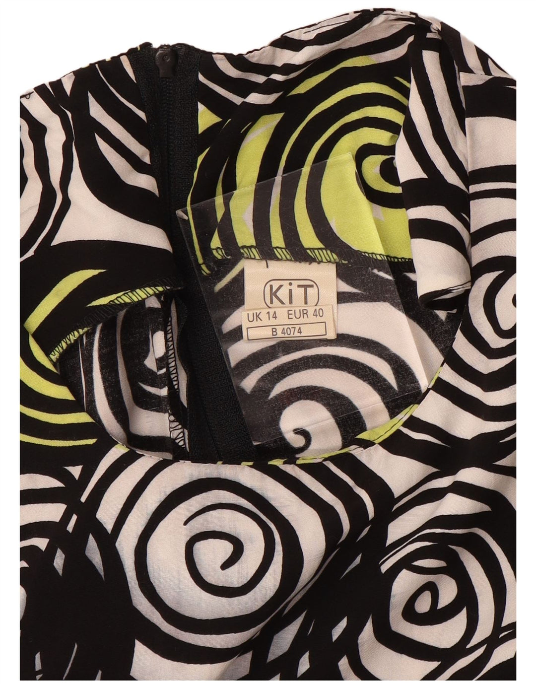 VINTAGE Dame Ærmeløs A-Line Kjole UK 14 Medium Sort Geometrisk