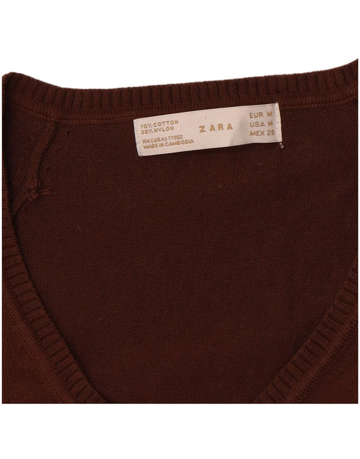 Zara Dame V-hals sweater UK 12 Medium Brun Bomuld