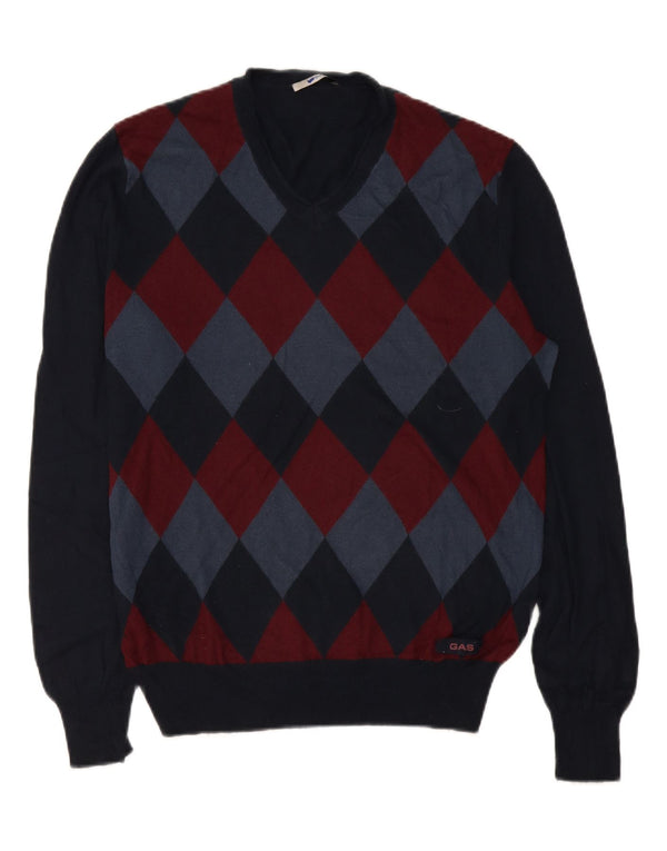 Gas Dame V-hals sweater UK 20 2XL Navy Blue Argyle/Diamond Viscose
