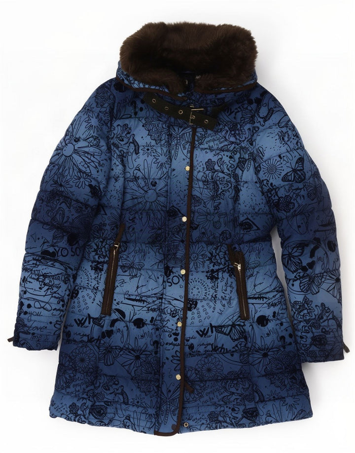 Desigual Polstret frakke med hætte til kvinder EU 40 Medium Blue Floral Polyester