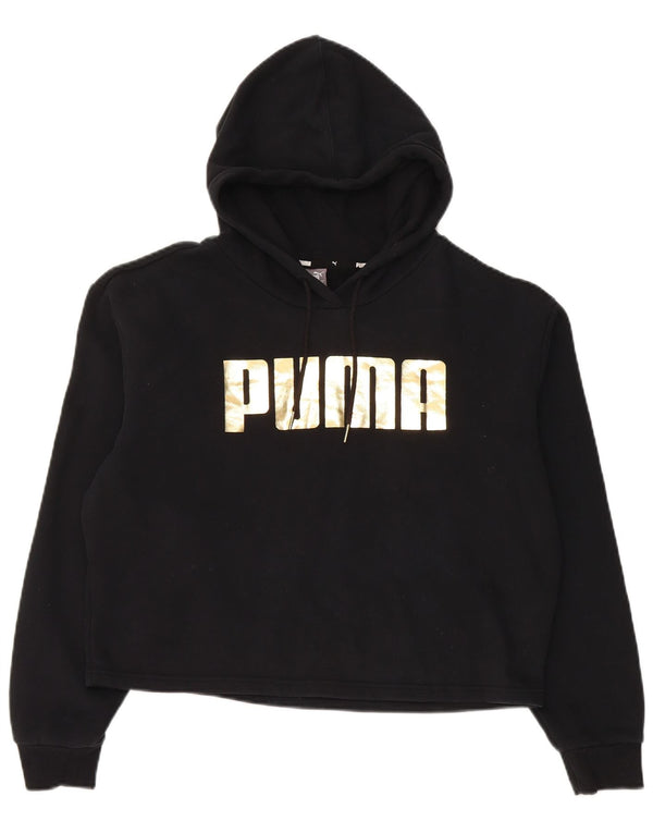 Puma Dame Crop Graphic Loose Fit Hoodie Jumper UK 14 Medium Sort Bomuld