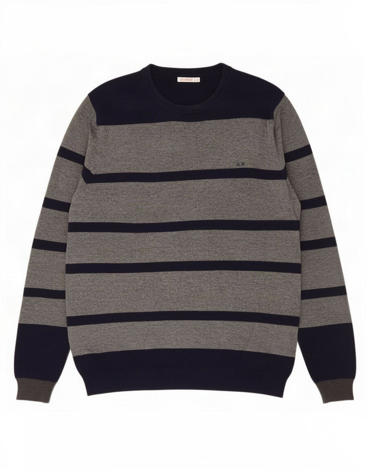 Sun68 Herre rund hals sweater stor grå stribet uld