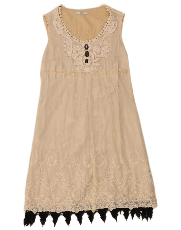 Vintage Kvinders Ærmeløs A-Line Kjole UK 10 Small Beige Floral Bomuld