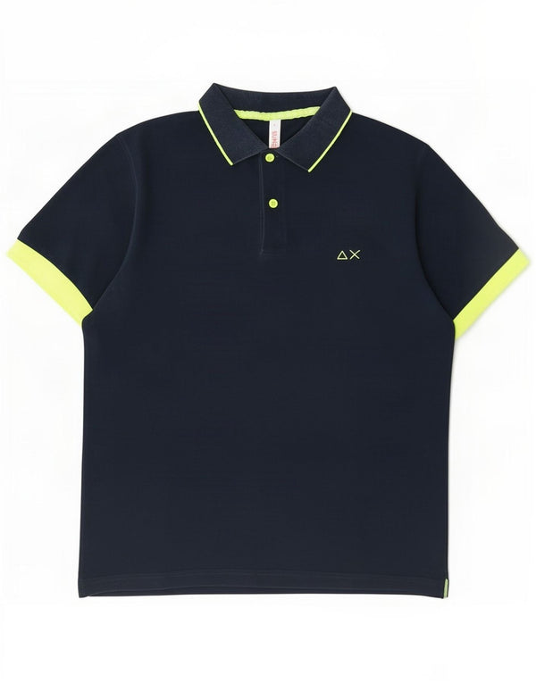 Sun68 Mens Polo Shirt Large Navy Blue Striped Cotton