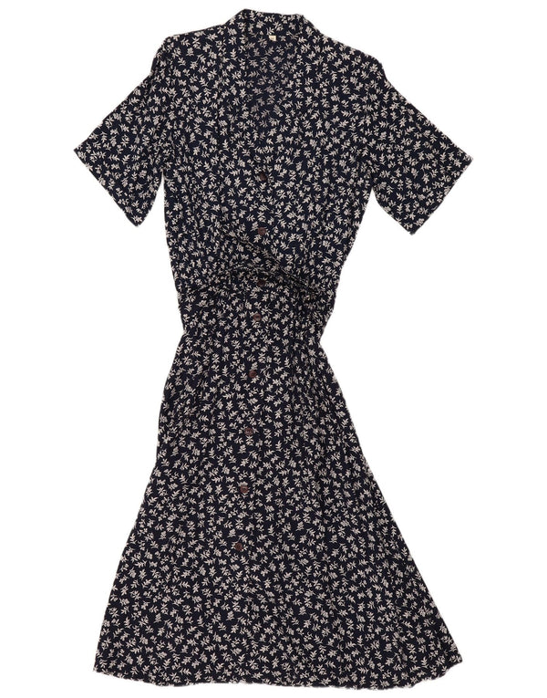 Vintage Kvinders Kortærmede Skjortekjole EU 40 Medium Navy Blue Floral