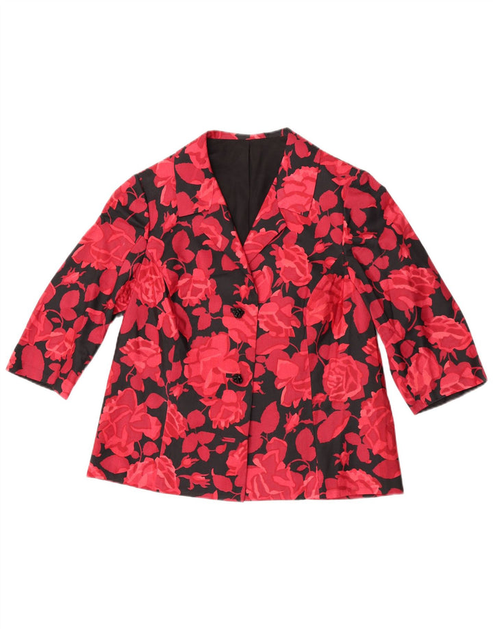Vintage dame 3/4 ærmer 2 knap blazer jakke UK 14 Medium rød blomster