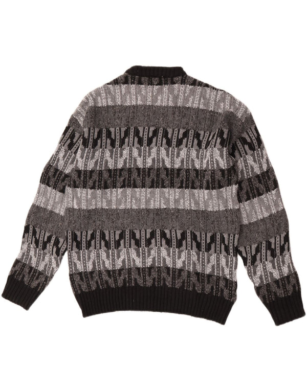 Vintage Mens Crew Neck Jumper Sweater Large Grey Chevron Wool