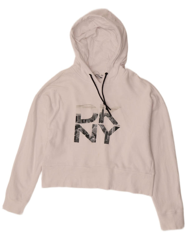 Dkny Dame Oversized Grafisk Crop Hoodie Jumper UK 10 Small White Bomuld
