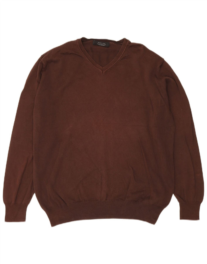 Zara Herre V-hals sweater XL brun bomuld