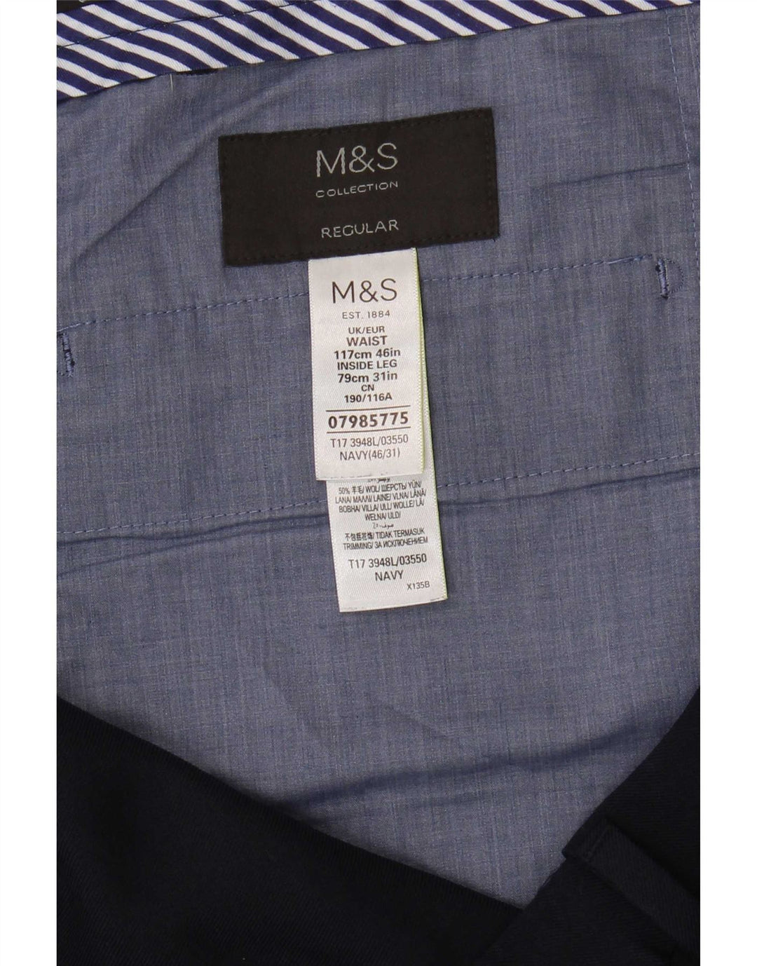 Marks & Spencer Herre Regular Fit Suit Bukser W46 L31 Marineblå polyester