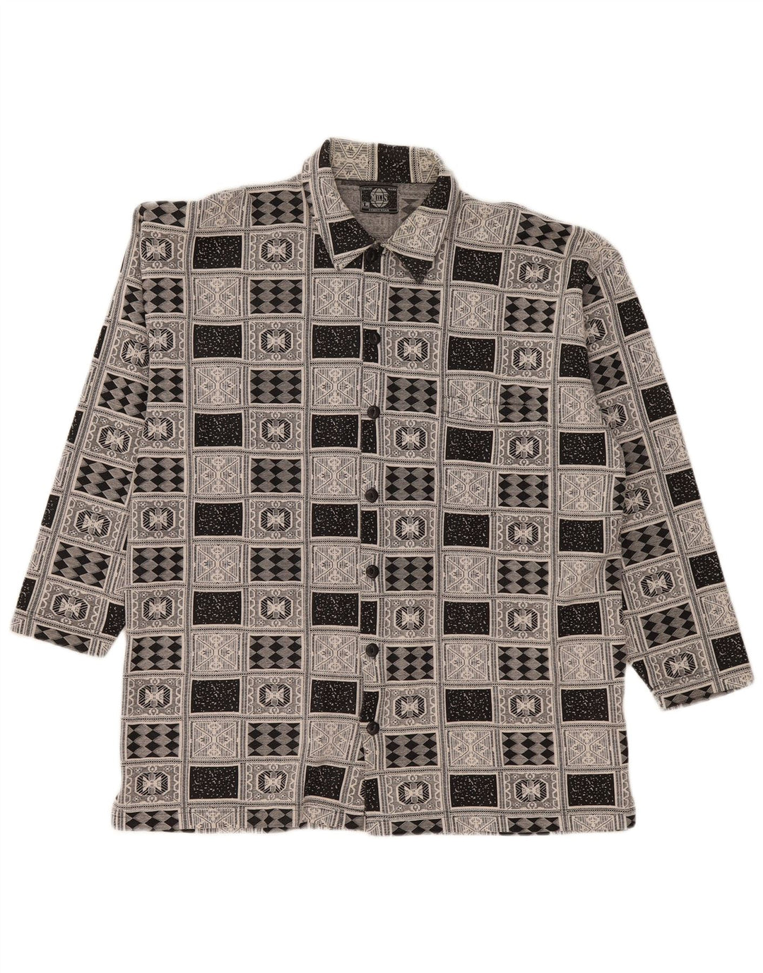 Vintage flannelskjorte til mænd, stor grå, geometrisk bomuld