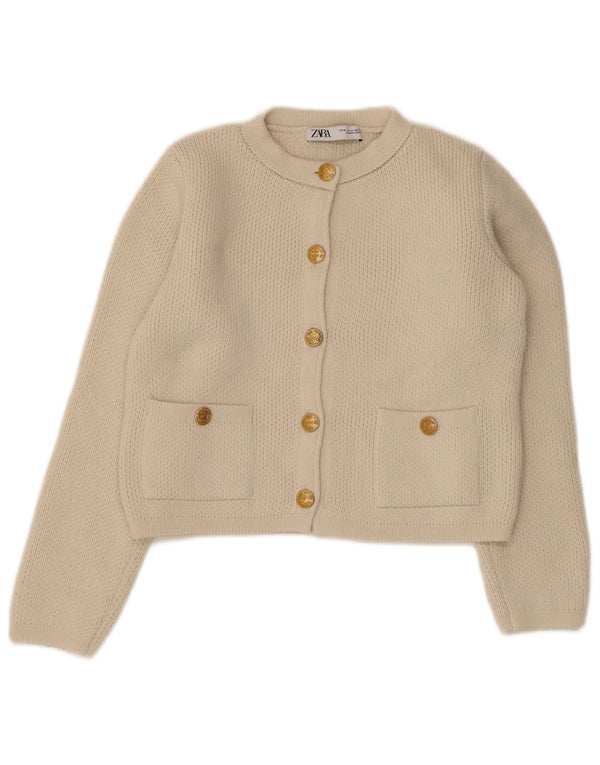 Zara Womens Crop Cardigan Sweater UK 12 Medium Beige Akryl