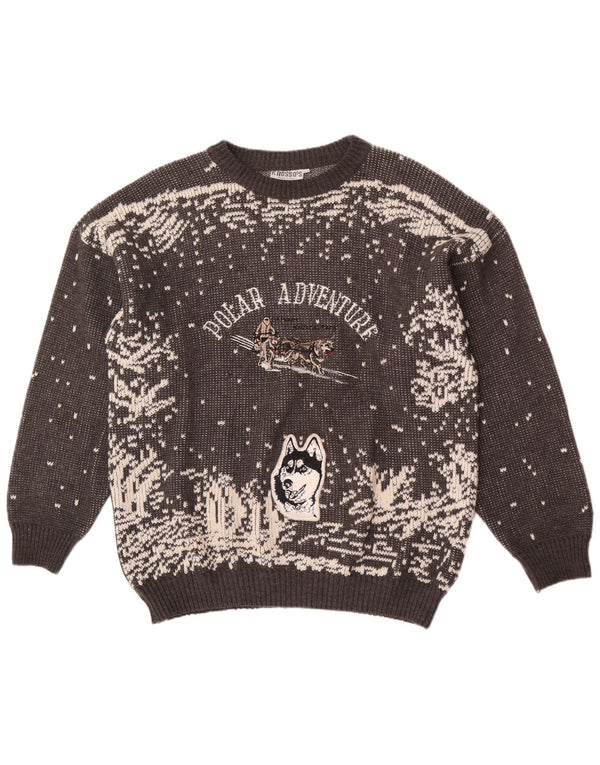 Vintage Herre grafisk rund hals sweater IT 54 XL grå dyreprint