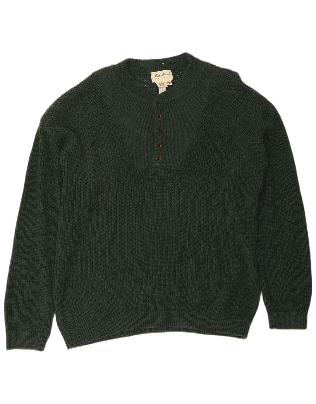 Eddie Bauer Herre Button Neck Jumper Sweater Stor Grøn Bomuld