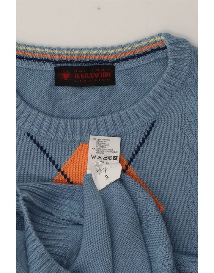 Il Granchio Herre Crew Neck Jumper Sweater Medium Blue Argyle/Diamond Wool