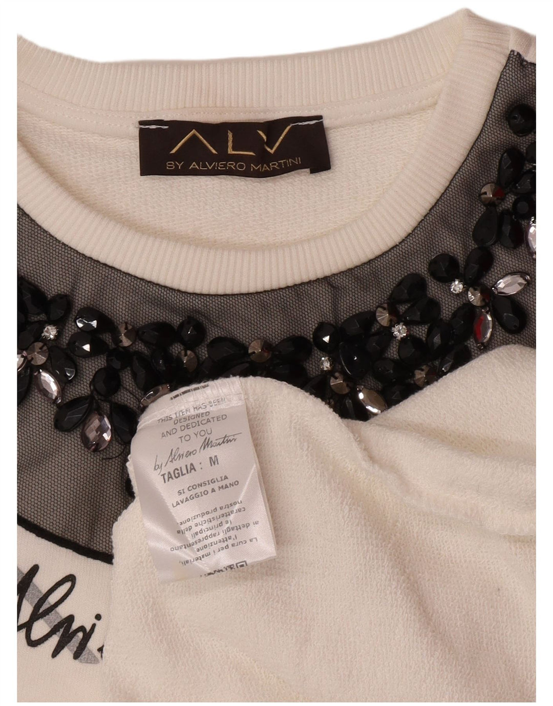 ALVIERO MARTINI Dame Grafisk Sweatshirt Jumper UK 14 Medium Hvid Bomuld