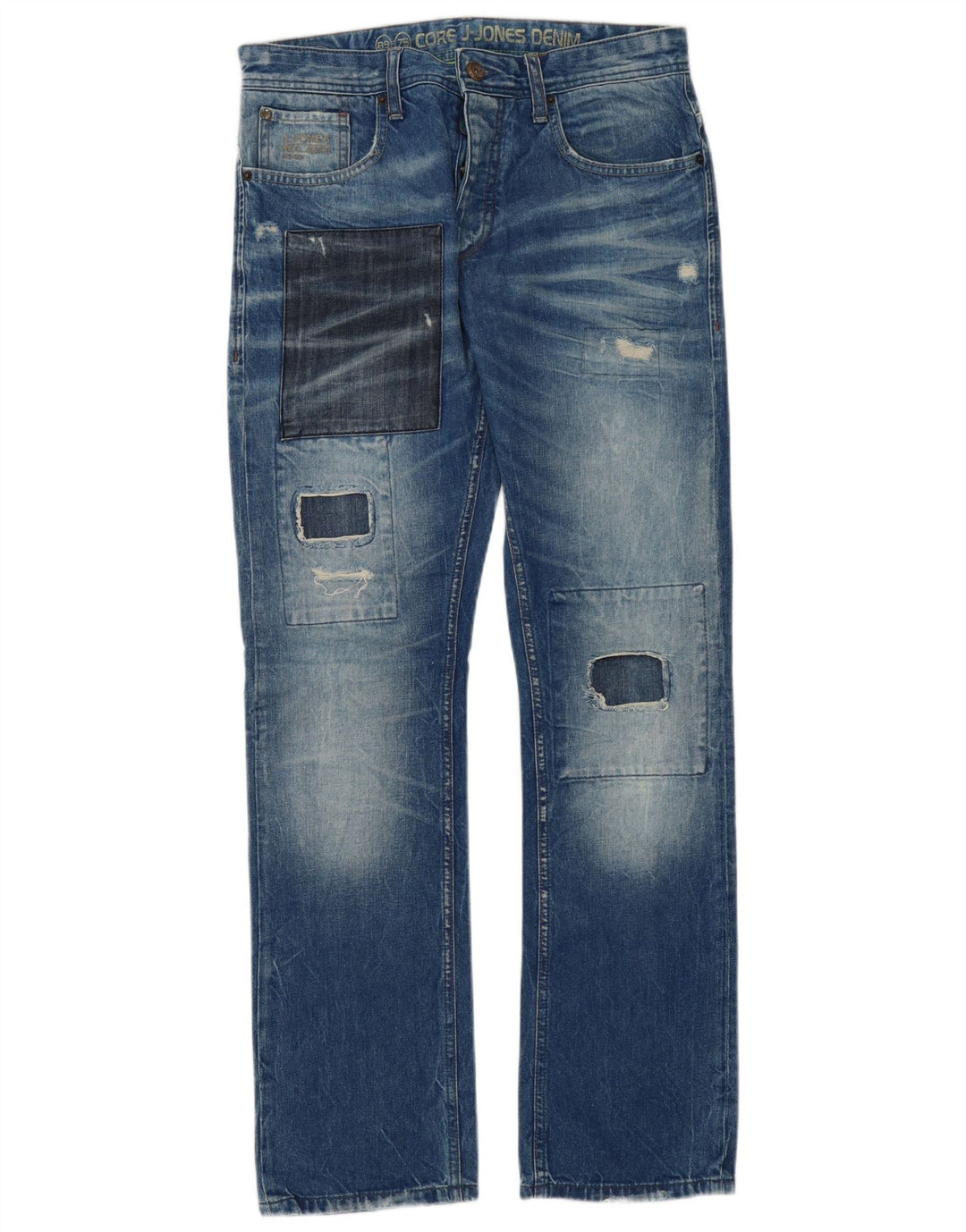 Jack & Jones Herre Distressed Straight Jeans W32 L34 Blå Patchwork Bomuld