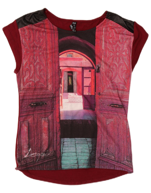 DESIGUAL Dame Grafisk T-Shirt Top UK 10 Small Burgundy Viscose