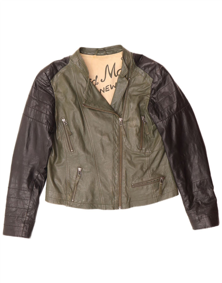 DAVID MOORE Dame Crop Biker Jacket UK 16 Large Green Colourblock Læder