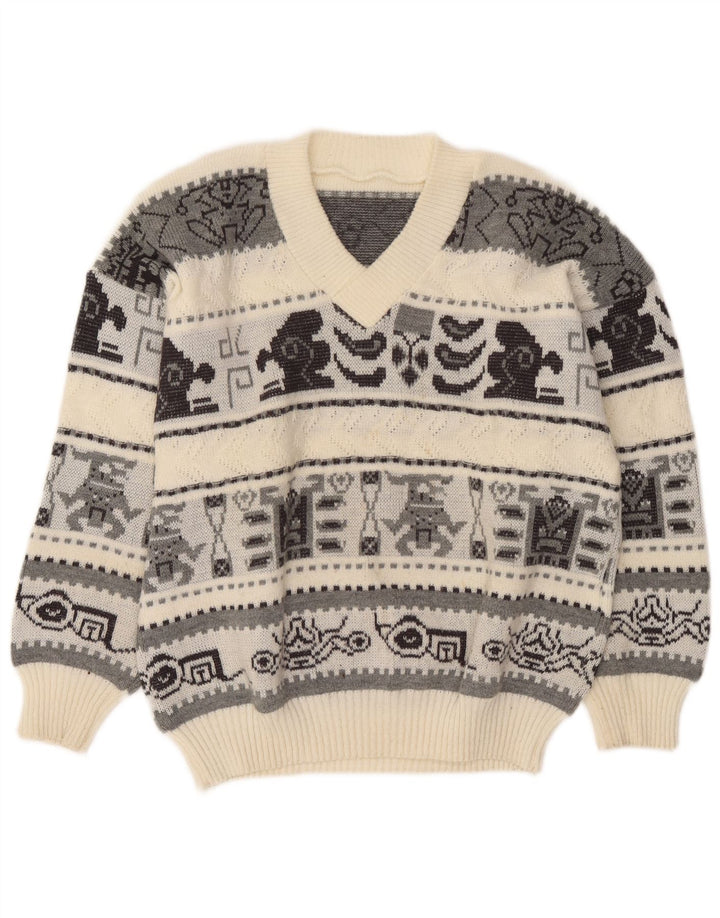 Vintage Herre V-hals sweater Stor Off White Geometrisk