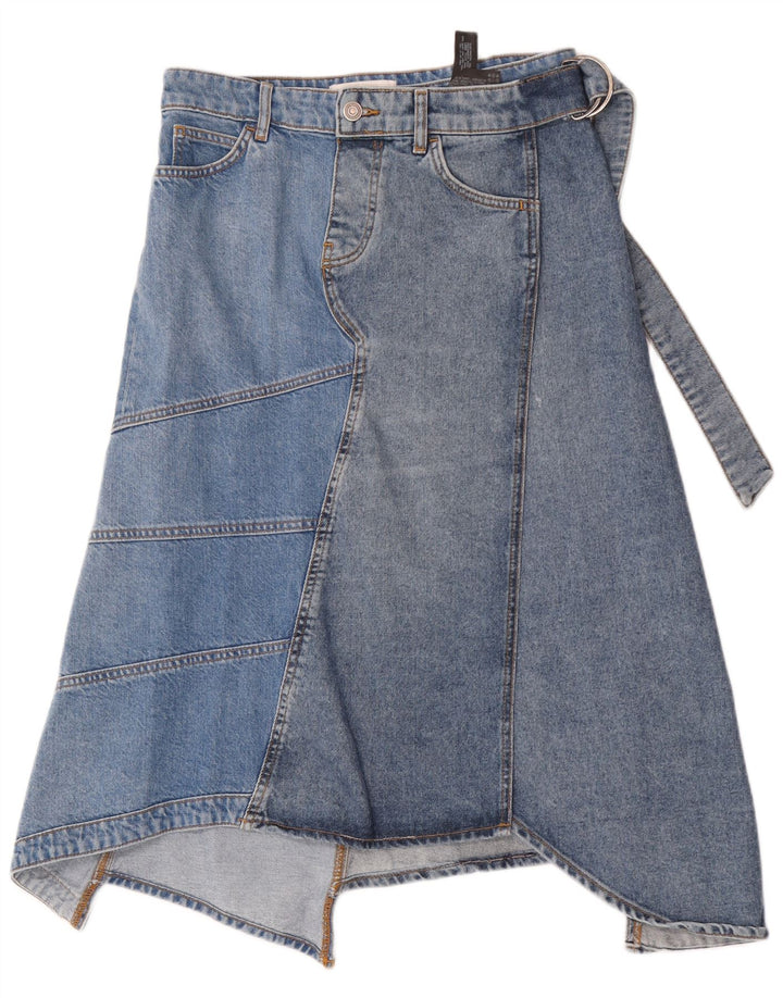 Zara Dame asymmetrisk denim nederdel lille W26 blå patchwork bomuld