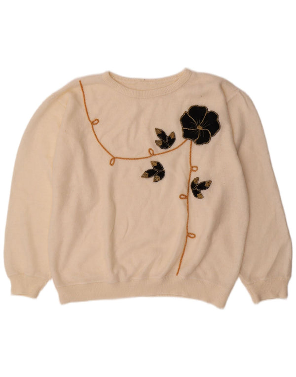 Vintage Dame Loose Fit Crew Neck Jumper Sweater UK 18 XL Off White Floral