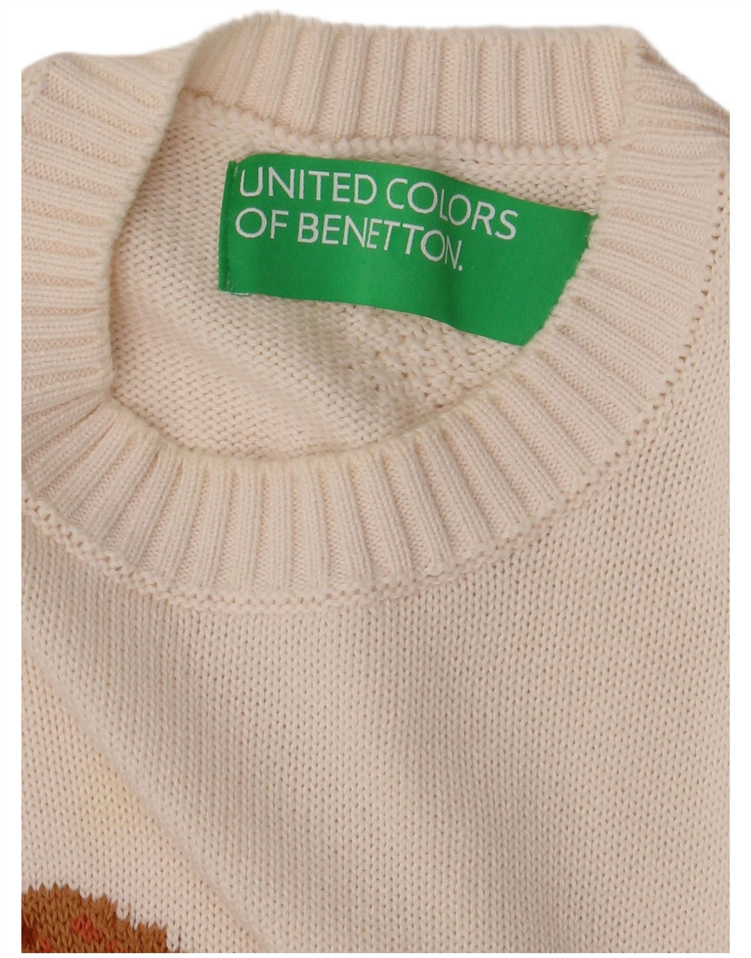 BENETTON Dame grafisk rund hals sweater UK 14 Medium White