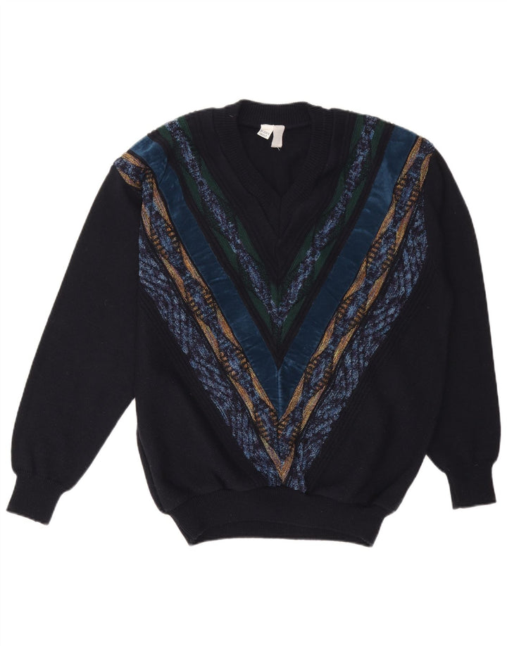 Vintage herre V-hals sweater stor marineblå stribet