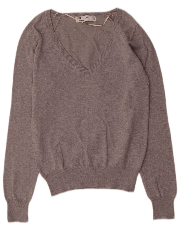 Zara Dame V-hals sweater UK 10 Lille Grå Bomuld