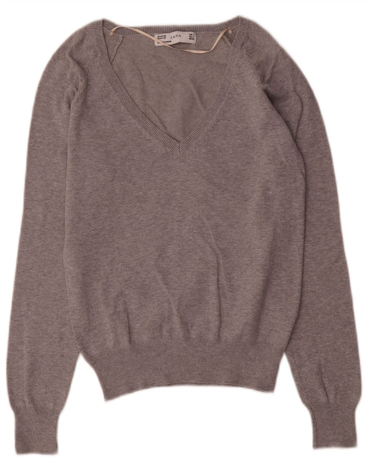 Zara Dame V-hals sweater UK 10 Lille Grå Bomuld