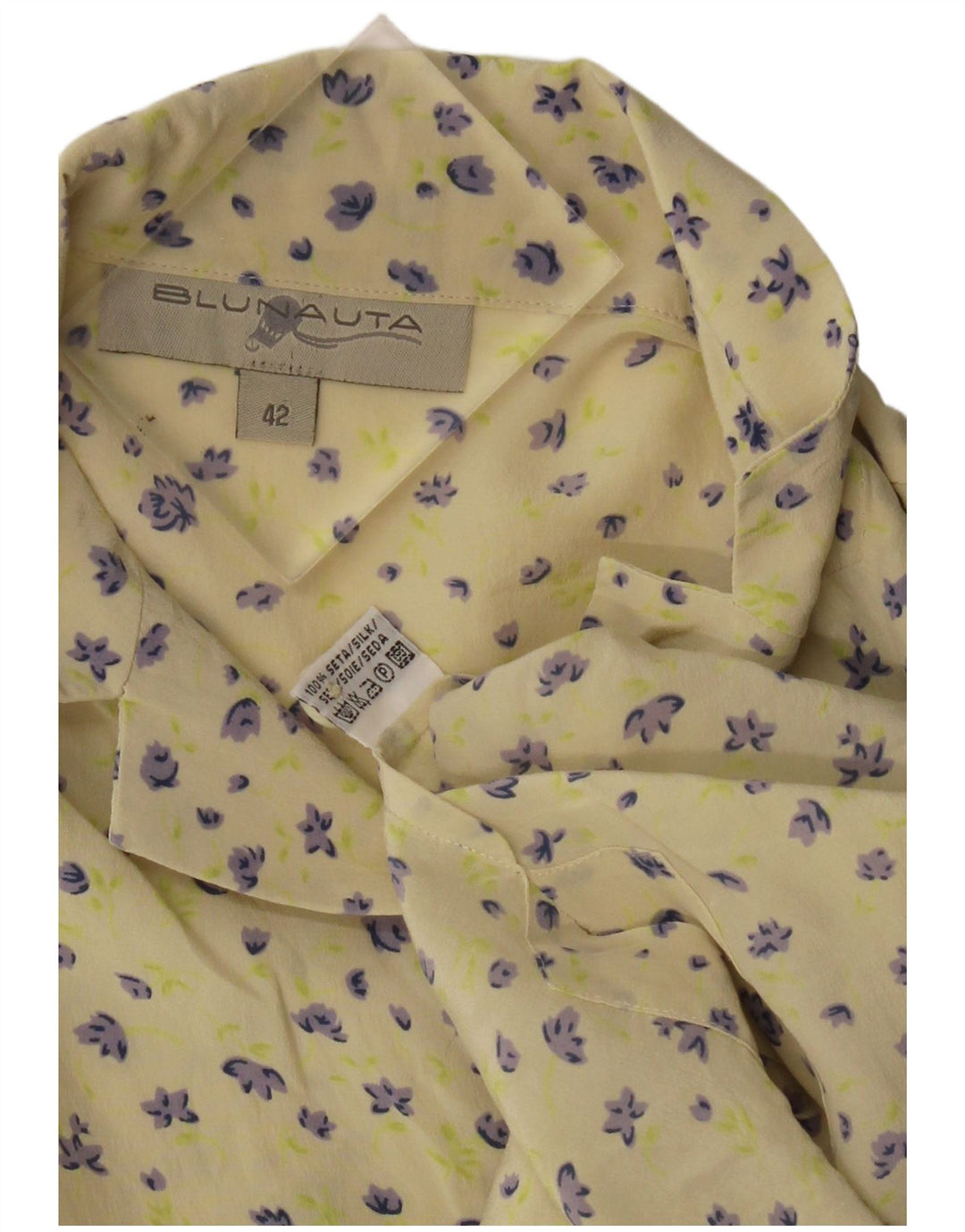 Blunauta Dame Kortærmet Bluse IT 42 Medium Yellow Floral Silke