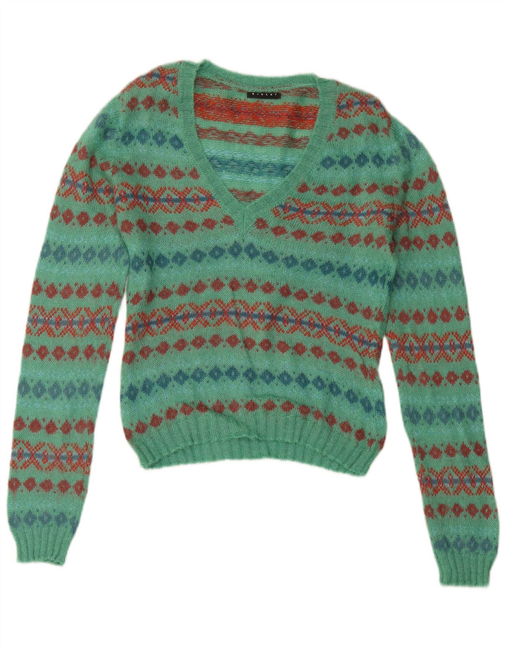 SISLEY Dame Crop V-hals sweater UK 14 Medium Turkis Fair Isle