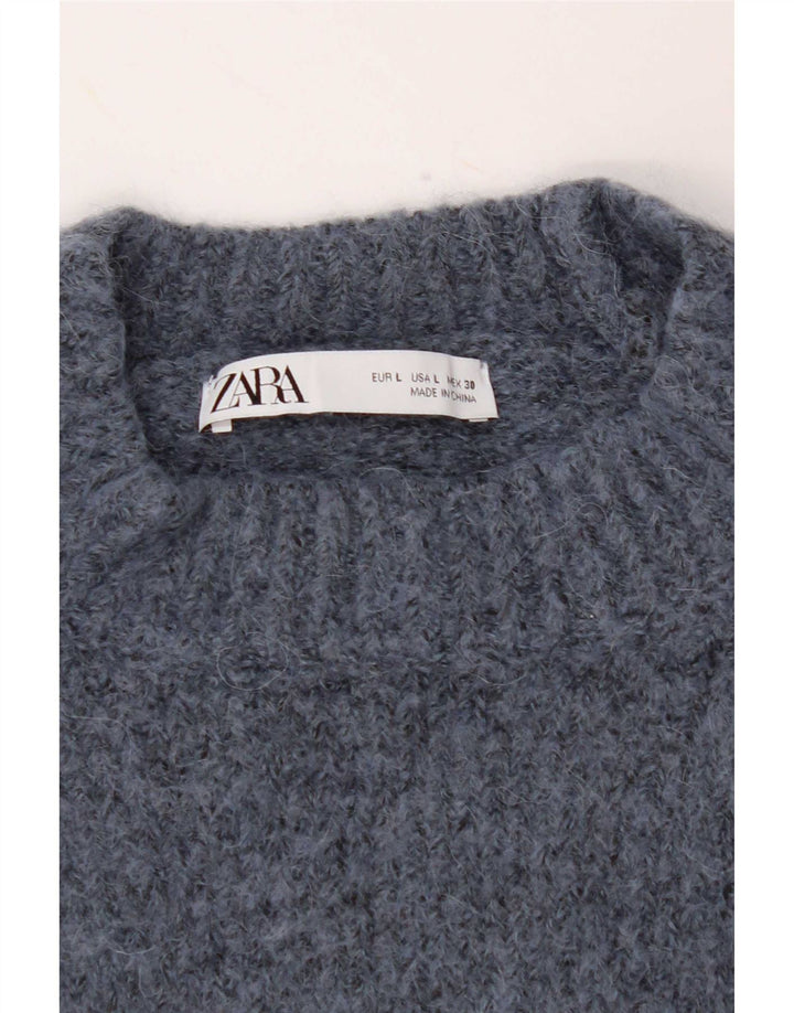 Zara Womens Crop Turtle Neck Jumper Sweater UK 16 Large Blue Polyester