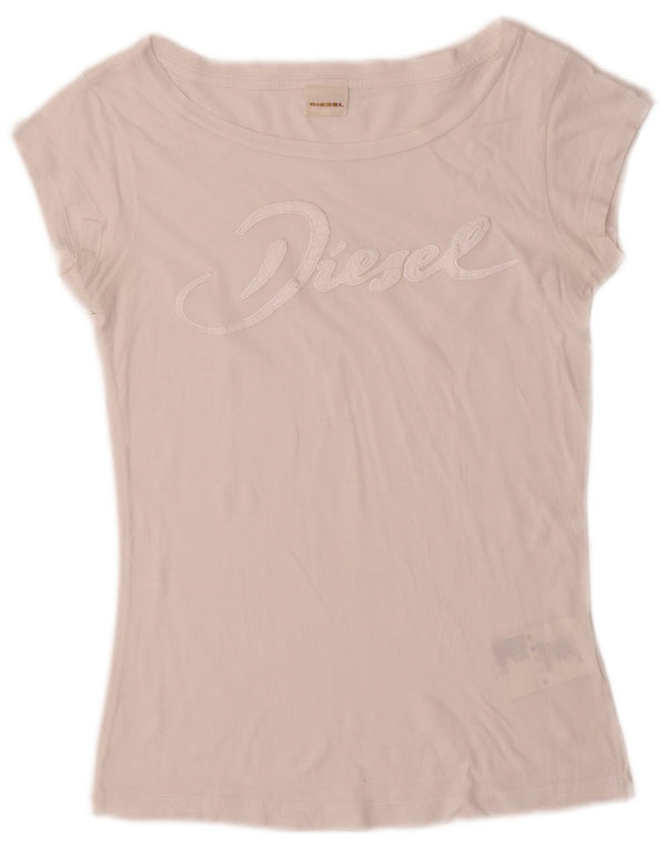 Diesel Dame Grafisk T-Shirt Top UK 6 XS Hvid Bomuld