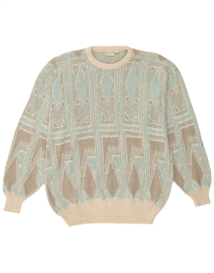 Taifun Herre sweater med rund hals, medium turkis geometrisk bomuld
