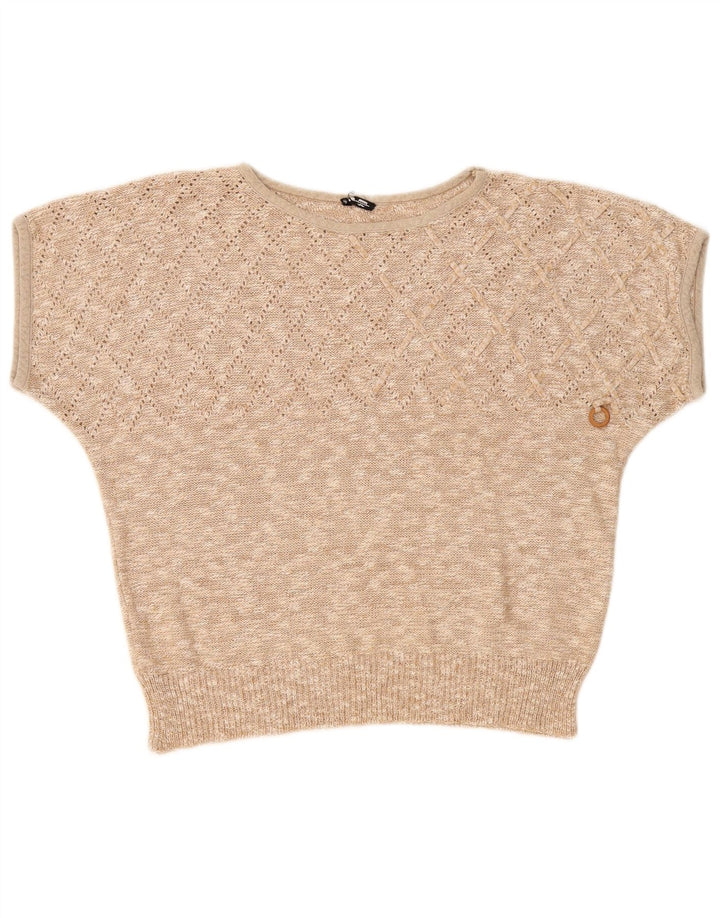 Vintage kvinders kortærmet bådhals sweater UK 14 Medium Beige
