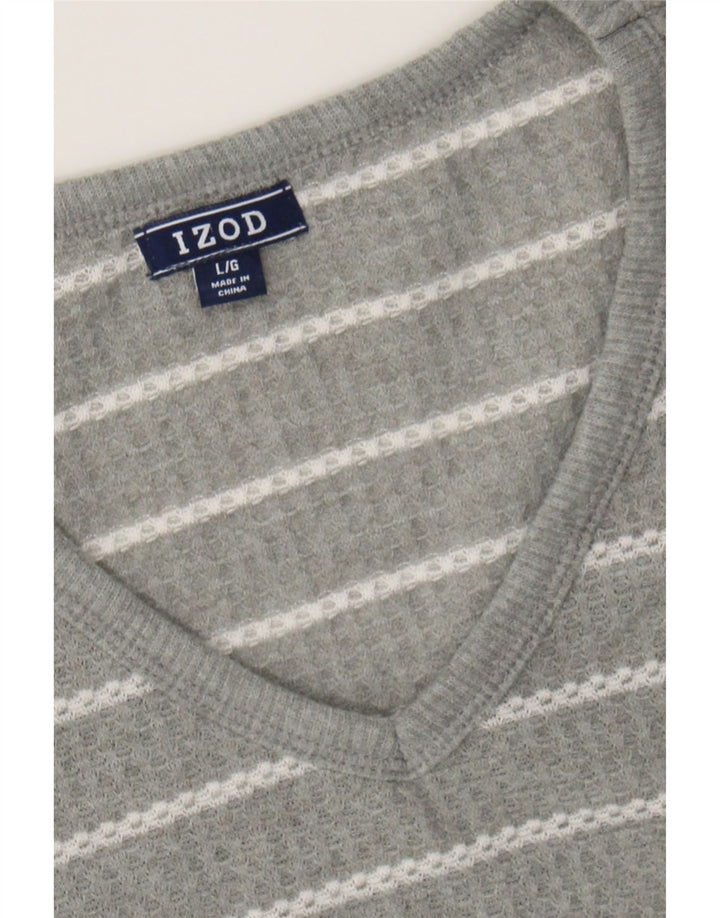 IZOD Womens V-Neck Jumper Sweater UK 16 Large Grey Striped Polyester Vintage Izod and Second-Hand Izod from Messina Hembry 