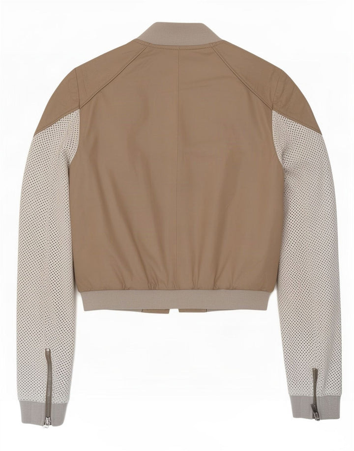 Vintage Dame Crop Læderjakke IT 40 Small Beige Colourblock