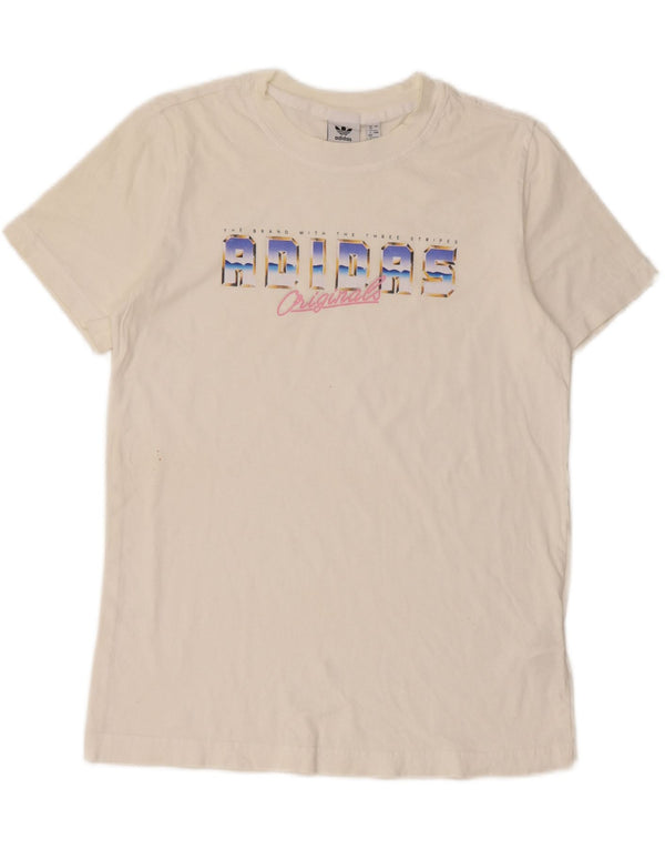 Adidas Dame Grafisk T-Shirt Top UK 12 Medium Hvid Bomuld