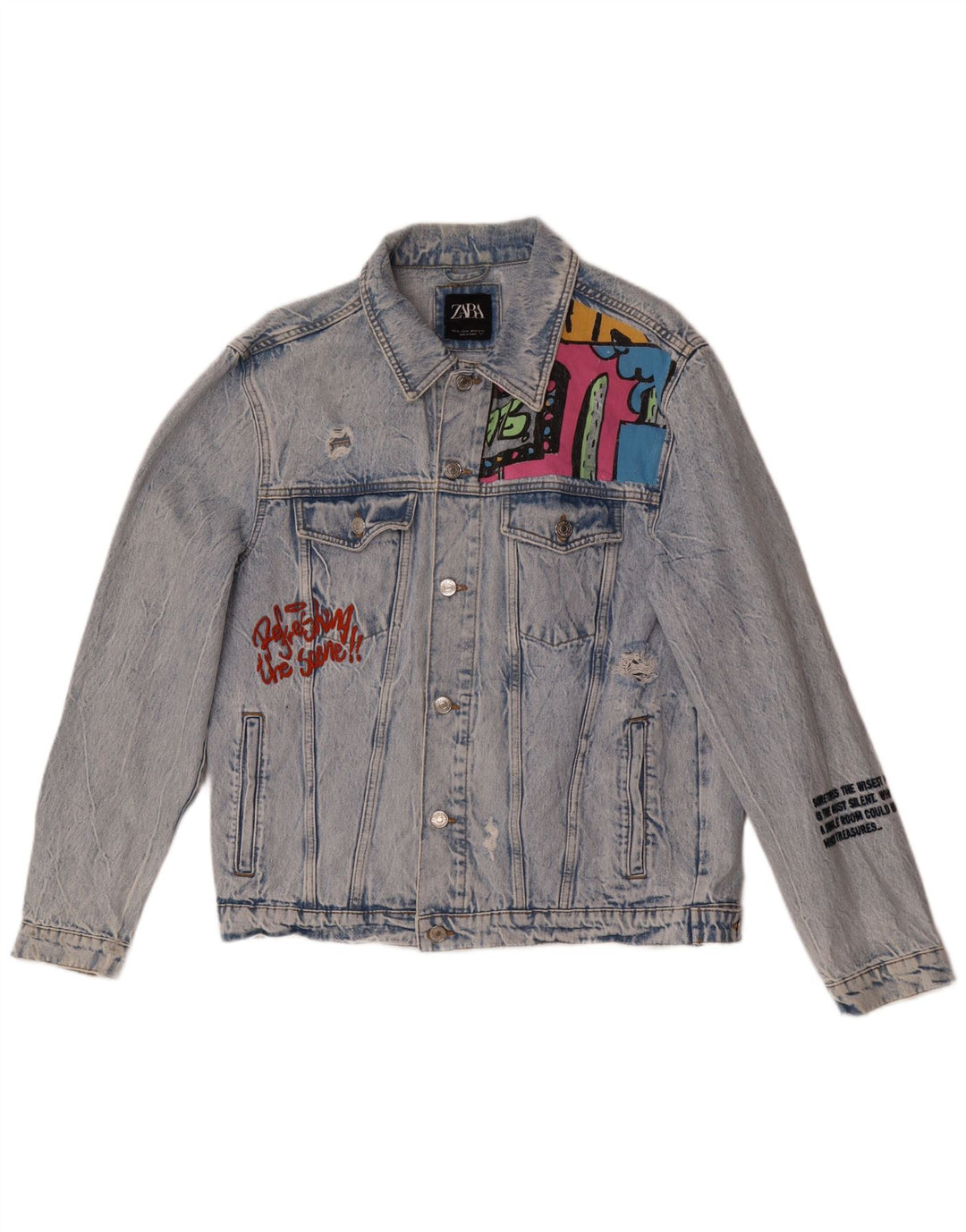 Zara Herre Distressed Graphic Denim Jacket UK 42 XL Blå