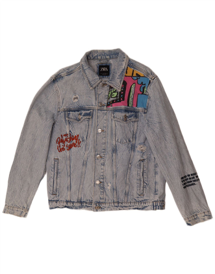 Zara Herre Distressed Graphic Denim Jacket UK 42 XL Blå